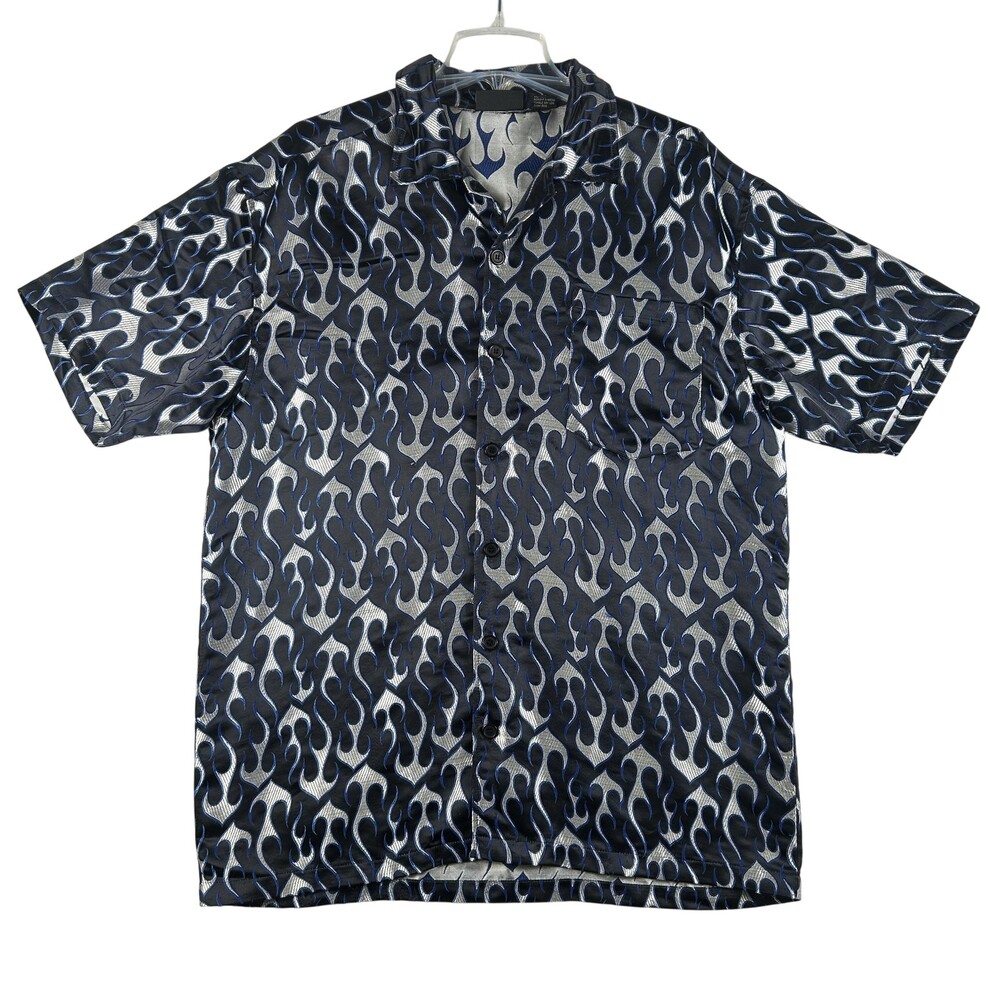 Vintage ODO Shirt Mens Large Flame Print Short Sleeve Button Up Satin Y2K FLAW